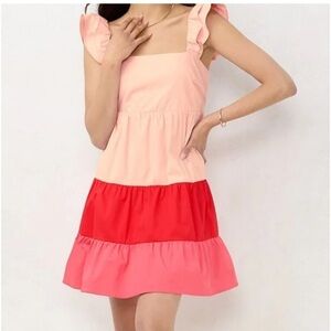 NWT Lauren Conrad Tiered Ruffle Block Flutter Sleeve Smock Pink Mini Dress Med